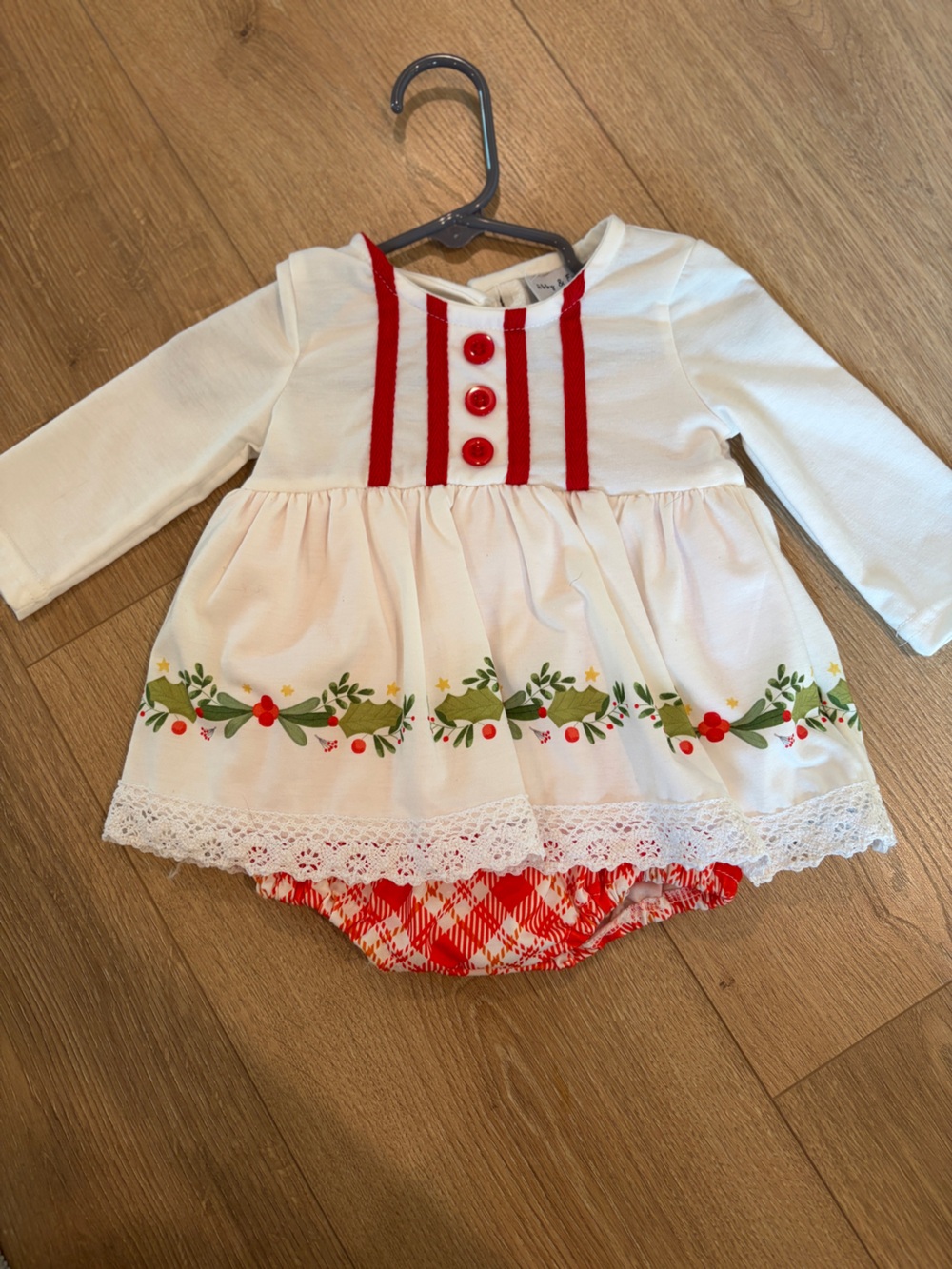 Girls White and Red Holiday Dress with Holly Trim